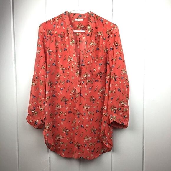 Pleione Orange Top Floral 3/4 Sleeve Blouse, Blue Flower, Size Small - Picture 1 of 8
